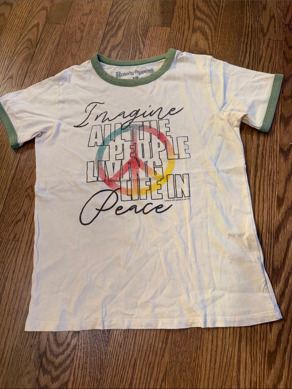 Rowdy Sprout White Ringer Tee with Multicolor Peace Graphic Size 12